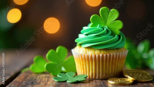 Sweet dessert for St. Patrick's Day: cupcake with green buttercream, decorated with a green shamrock. Celebrating St. Patrick's Day photo