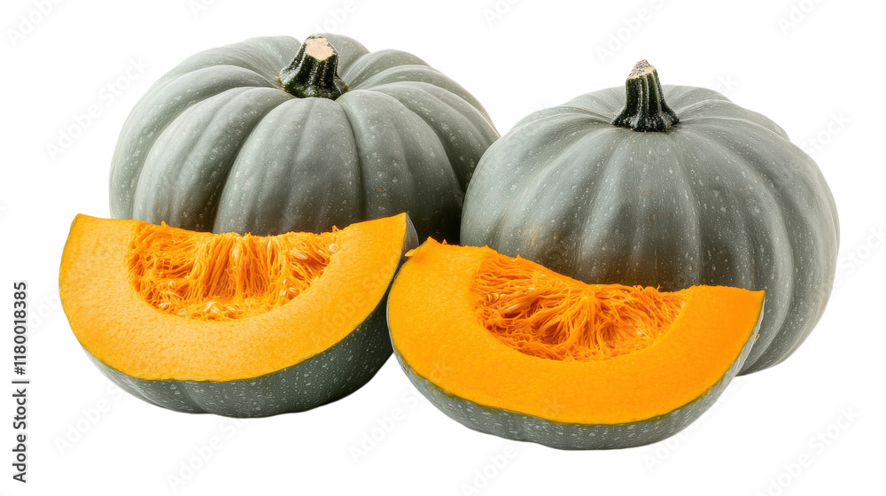 Autumn harvest featuring freshly cut gray pumpkins with bright orange flesh on wooden table Autumn harvest featuring freshly cut gray pumpkins with bright orange flesh on wooden table
