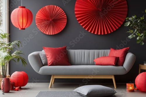 Red decor modern living room interior design photo