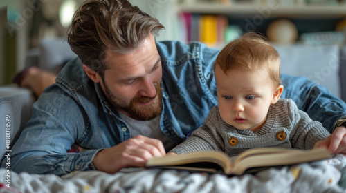 Father and baby engaged in story reading on a cozy sofa in a brightly lit room