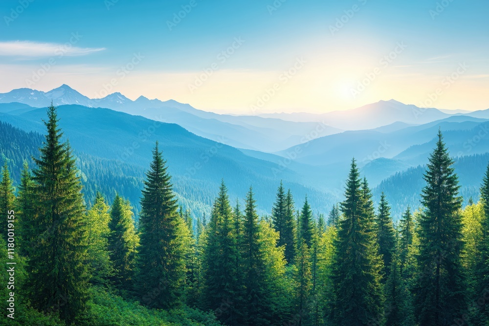 Fototapeta premium Serene Sunrise Mountain Vista Green Pine Forest Landscape