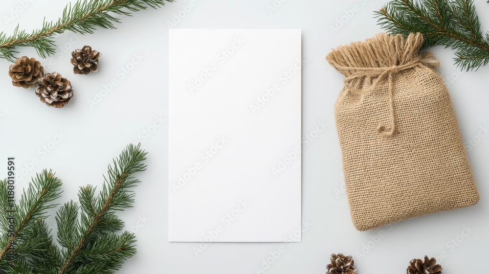 Obraz premium Blank White Paper Surrounded by Pine Leaves, Pine Cones, and a Burlap Bag, Ideal for Holiday Themes and Seasonal Greetings from Nature