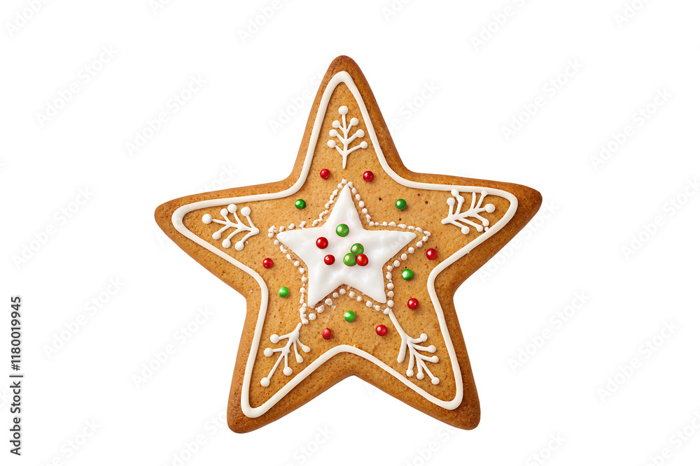 Star-shaped Gingerbread Cookie with White Icing and Candy Dots on Transparent Background Star-shaped Gingerbread Cookie with White Icing and Candy Dots on Transparent Background