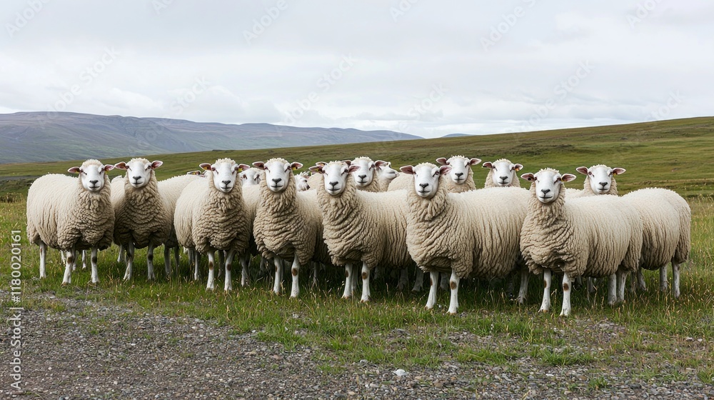 A group of sheep standing together in a grassy landscape. A group of sheep standing together in a grassy landscape.