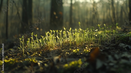Fresh saplings emerging from the ground with light gently highlighting their growth