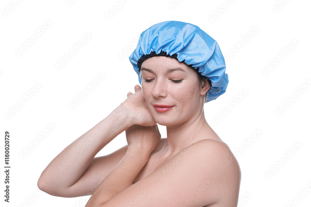 Woman wearing blue shower cap on white background Woman wearing blue shower cap on white background