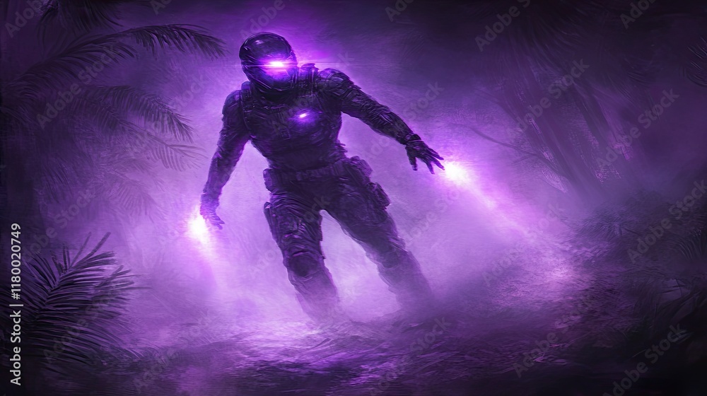 Fototapeta premium Futuristic warrior in a mystical jungle.