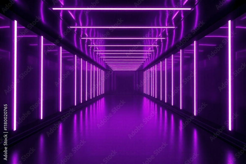 Fototapeta premium purple neon lights in a dark hallway with a long corridor