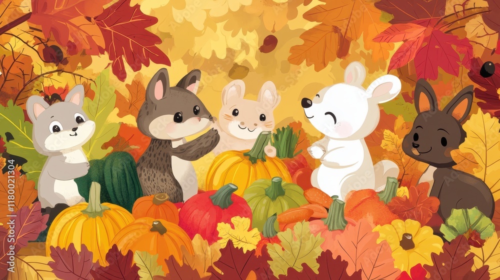 Fototapeta premium Adorable Autumn Animals Gather Pumpkins Amidst Colorful Leaves