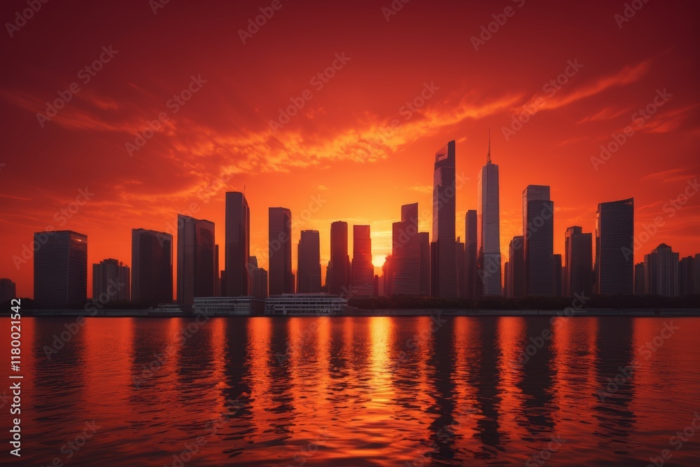 Fototapeta premium sunset over a city skyline with a boat in the water