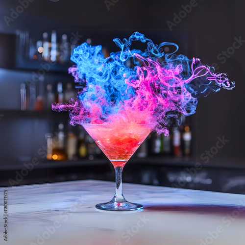 dazzling cocktail featuring a mix of blue and golden liquid with citrus garnishes, served in a stemmed glass. The vibrant splash effect and sparkling elements create a dynamic and lively presentation,