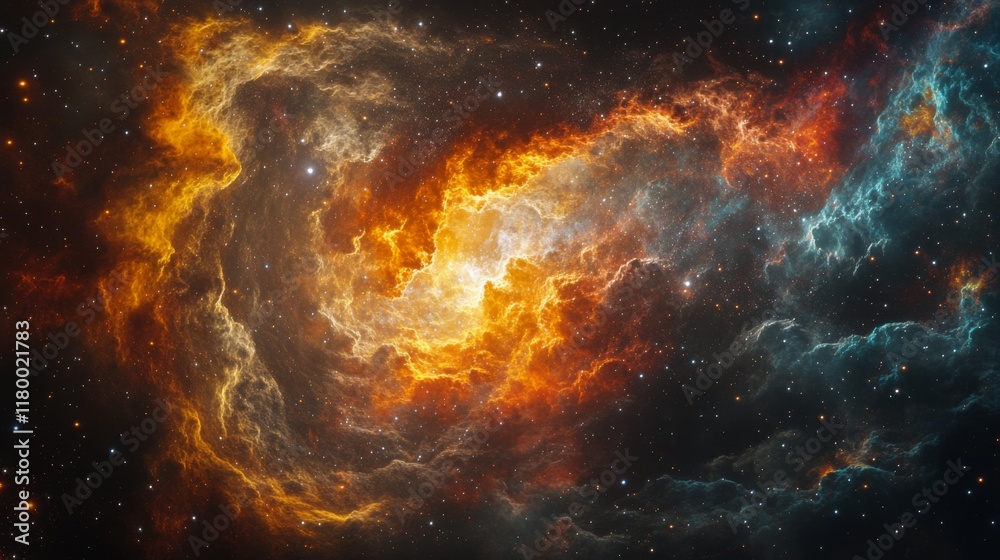 Fototapeta premium Cosmic Nebula: Fiery Orange and Teal Cloudscape in Deep Space