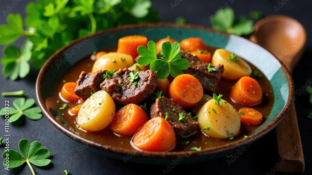 Plate of Irish stew with beef, potatoes and carrots on dark background, near green clover leaves and wooden spoon. Festive dinner, St. Patrick's Day party
