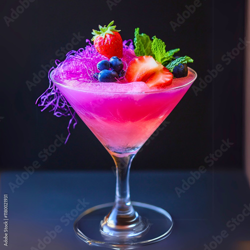 stunning pink cocktail served in a martini glass, adorned with fresh strawberries, blueberries, mint leaves, and delicate purple sugar threads. The bold colors and creative presentation make this drin