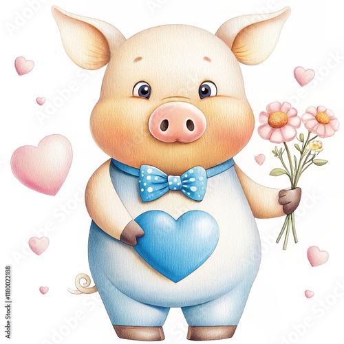 Cute Pig Valentine's Day Love - Adorable piglet in blue overalls holds a blue heart and pink flowers, symbolizing love, affection, sweetness, tenderness, and Valentine's Day. photo