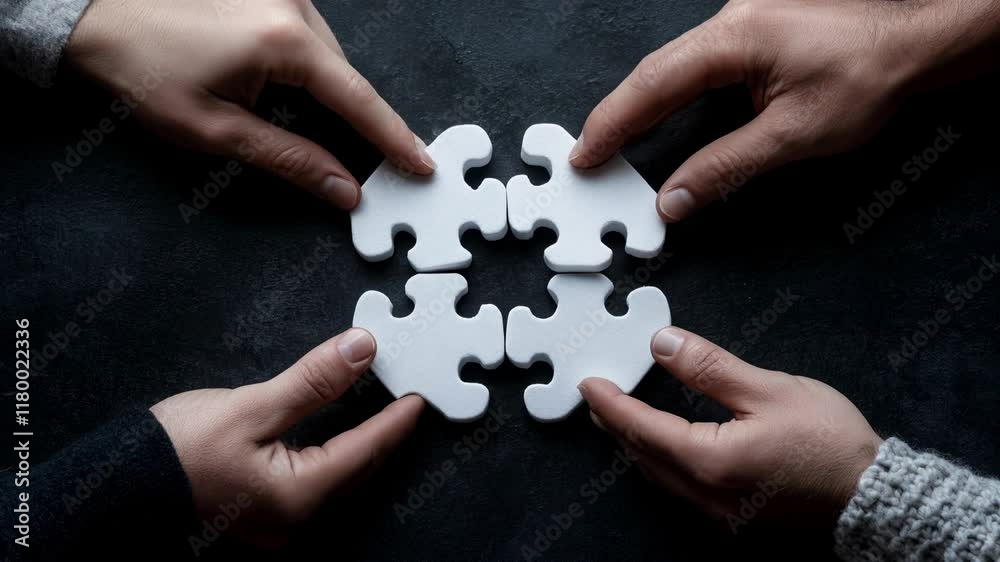 Collaboration, 4 mains qui collaborent pour assembler les pièces d'un puzzle ensemble.