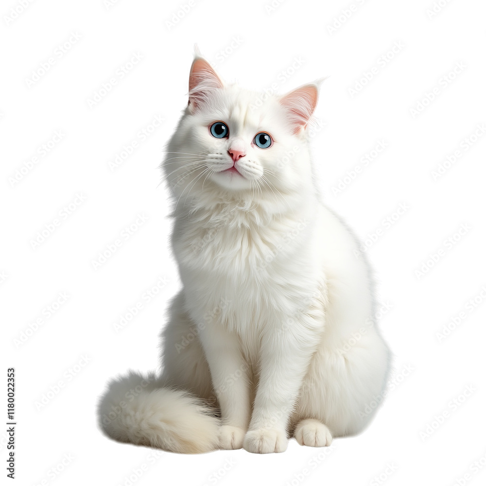 Elegant White Cat with Blue Eyes Sitting on Transparent Background Elegant White Cat with Blue Eyes Sitting on Transparent Background