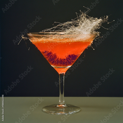 A sophisticated red cocktail served in a martini glass, adorned with an intricate and artistic sugar web garnish. The dark background enhances the vibrant red liquid and sparkling bubbles, creating a 