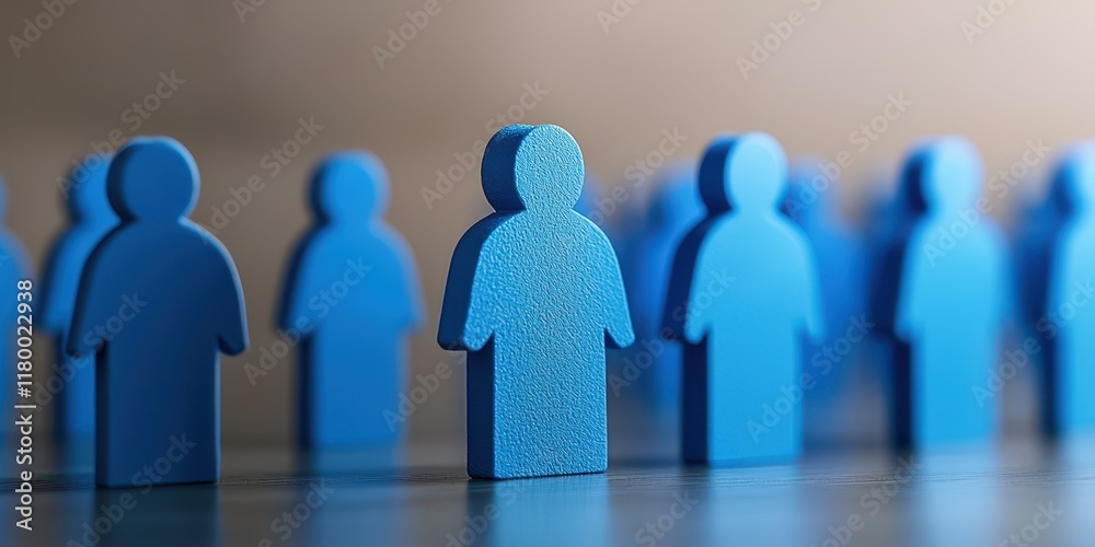 A collection of blue figurines representing people, with one figure in the foreground displaying a unique texture. A collection of blue figurines representing people, with one figure in the foreground displaying a unique texture.