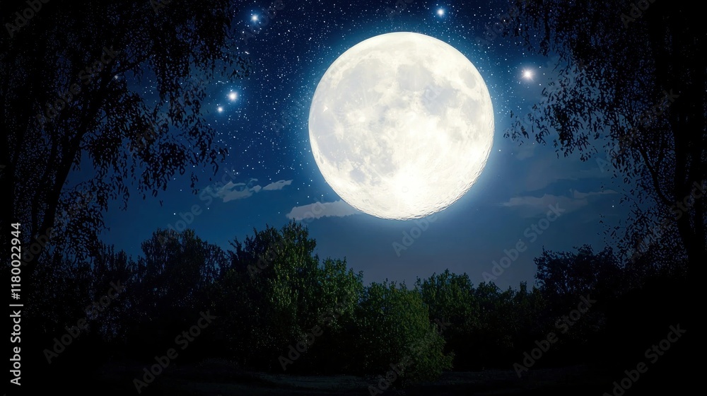 A serene night scene featuring a bright moon and stars. A serene night scene featuring a bright moon and stars.