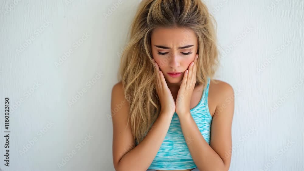 Femme désespérée qui se tient le visage. Elle est habillée avec un débardeur bleu.