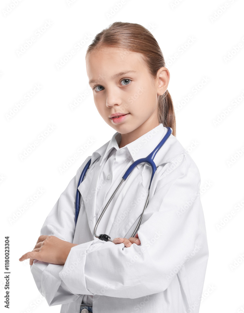 Girl with stethoscope pretending to be doctor on white background. Dreaming of future profession Girl with stethoscope pretending to be doctor on white background. Dreaming of future profession