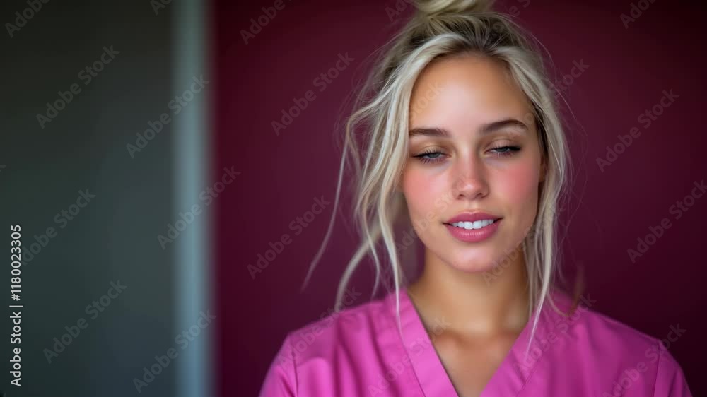 Infirmière blonde souriante face à a caméra et avec un uniforme rose.