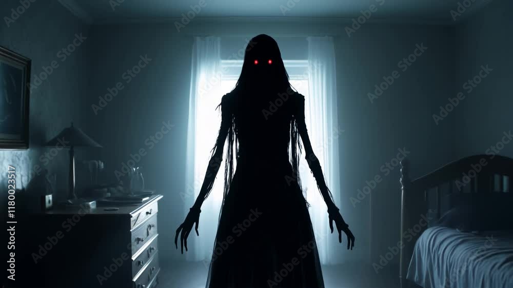 Personnage effrayant issu d'un cauchemard dans une chambre et une lumière terrifiante.