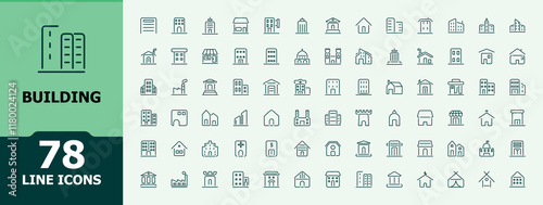 Building lined icons set. Related to shop, hospital, real, school, mall, shopping and more. Collection for mobile and web apps. Minimalist editable stroke. Vector illustration.