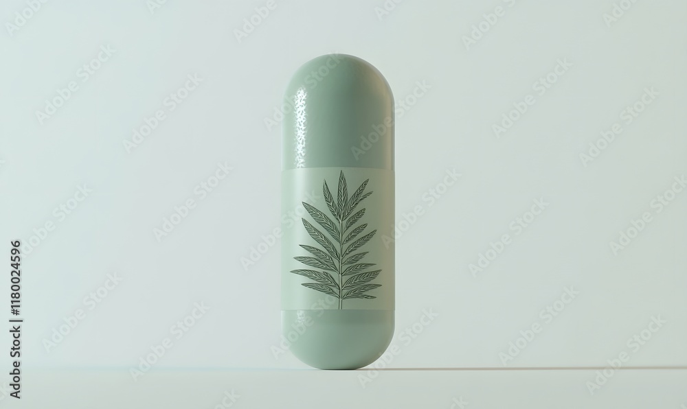 Large sage green capsule with leaf design, isolated on white. Large sage green capsule with leaf design, isolated on white.