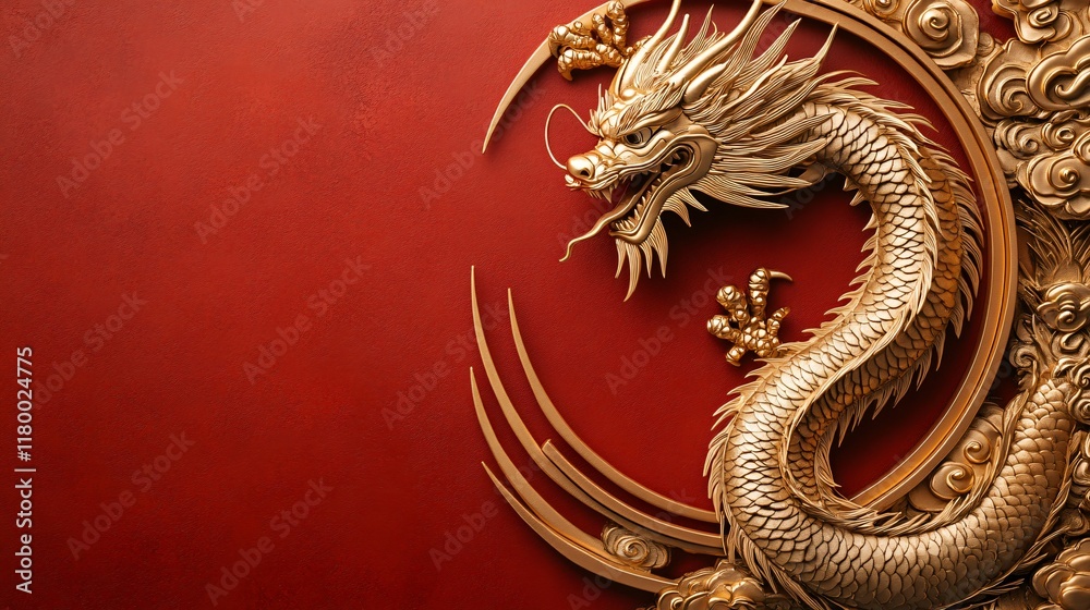 Golden dragon on red background with copy space Golden dragon on red background with copy space