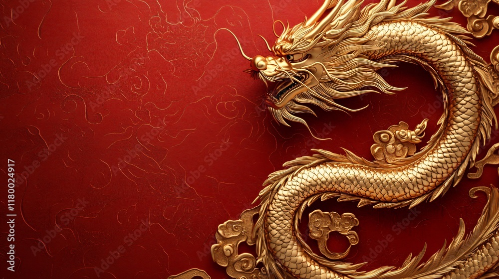 Obraz premium Golden dragon on red background with copy space