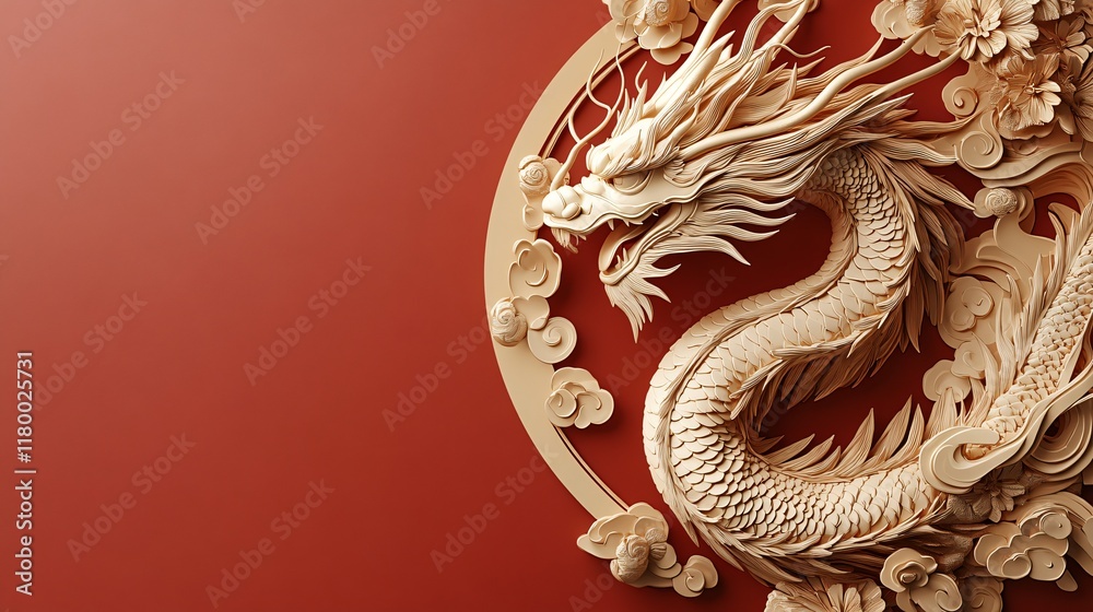Obraz premium Chinese golden dragon on red background with copy space