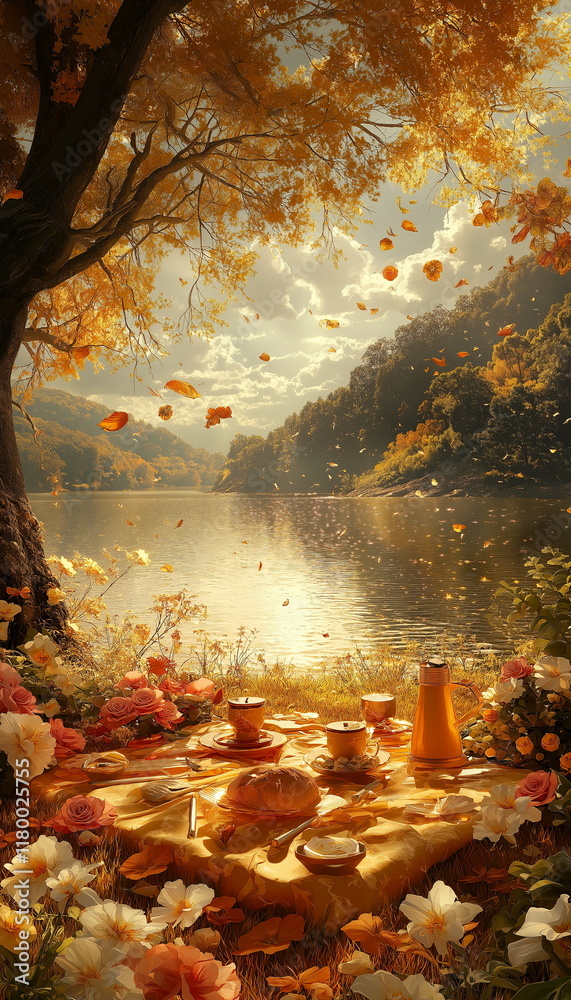 Fototapeta premium An ideal picnic on the shore of a shimmering golde_003