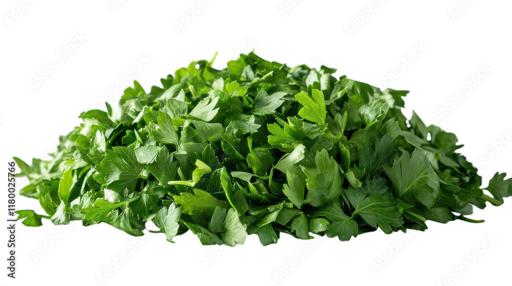 Obraz premium Freshly chopped parsley mounds ready for cooking and garnishing at a sunny kitchen table