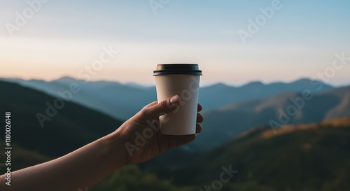 Minimalist Coffee Cup Mockup in Hand with Blank Space on Scenic Background – Perfect for Product Design photo