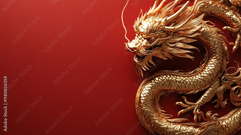 Golden dragon on red background with copy space Golden dragon on red background with copy space