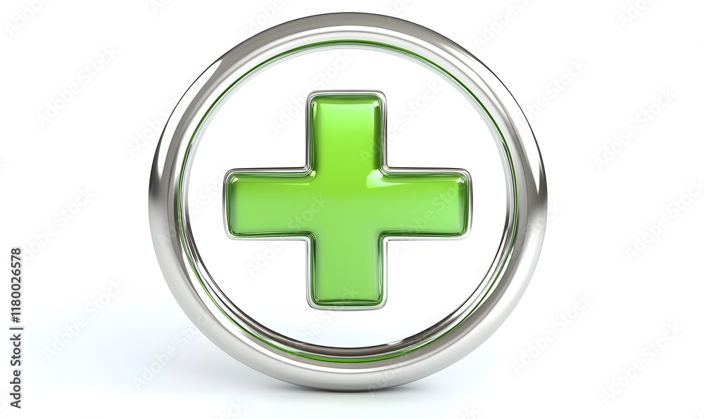 Fototapeta premium Green plus sign in metallic circle.