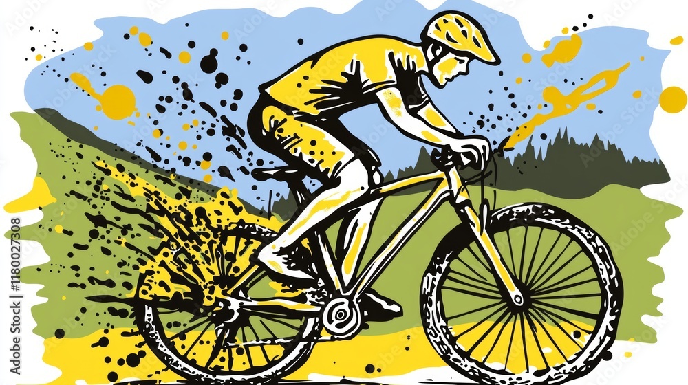 Fototapeta premium A colorful, energetic young man on a bicycle, illustrated in a digital art style