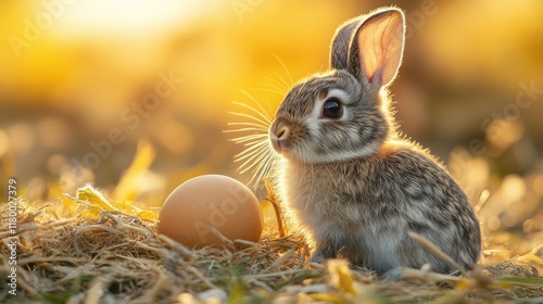 Cute little rabbit with chicken egg on nature background. Easter concept with Easter bunny.