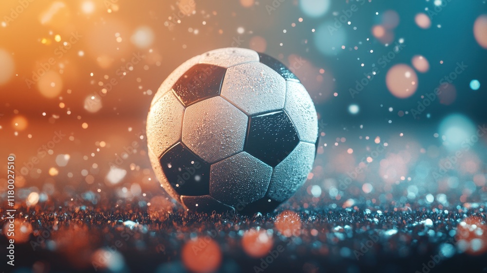 Shiny soccer ball surrounded by colorful bokeh lights. Shiny soccer ball surrounded by colorful bokeh lights.