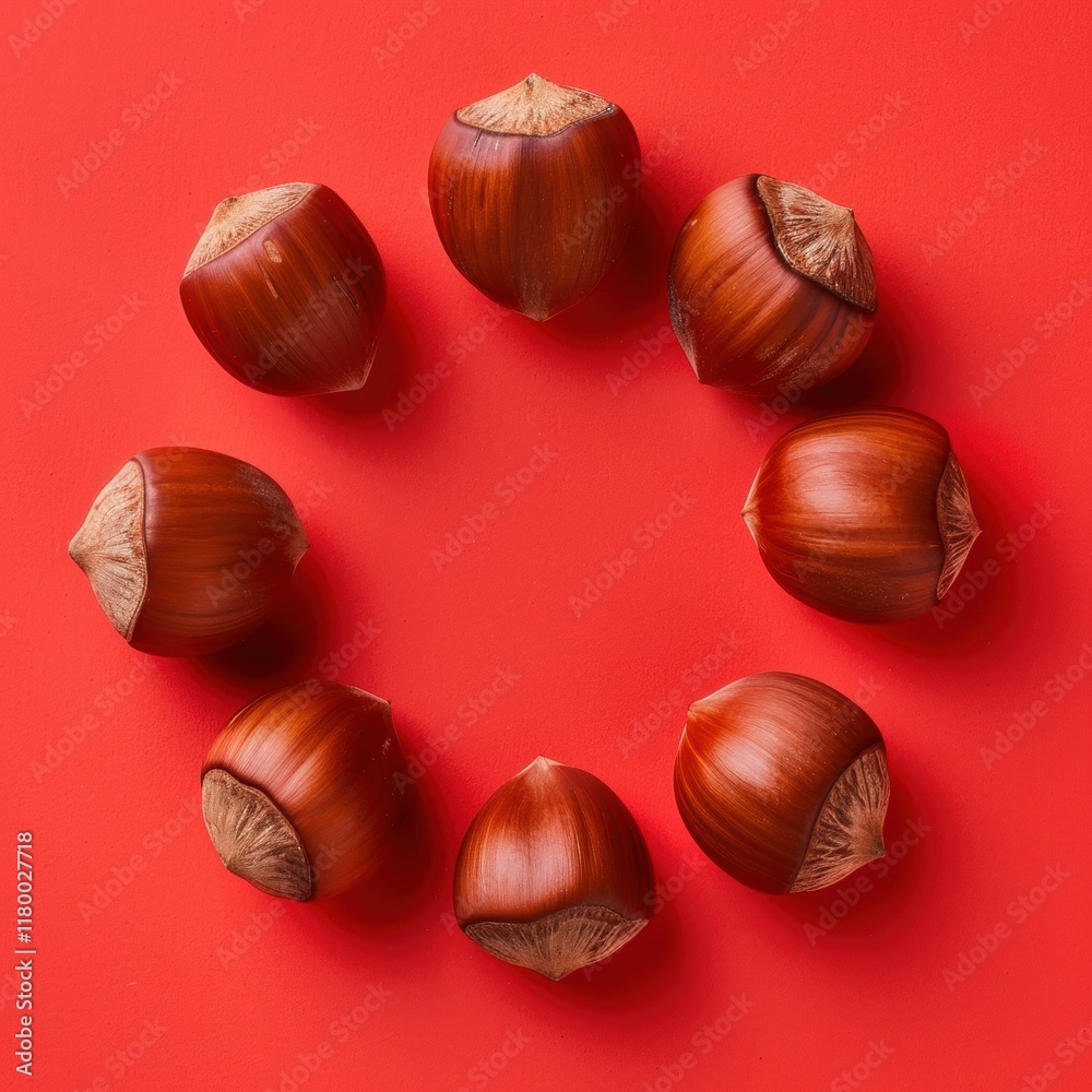 Circle of hazelnuts arranged on a vibrant red background. Circle of hazelnuts arranged on a vibrant red background.