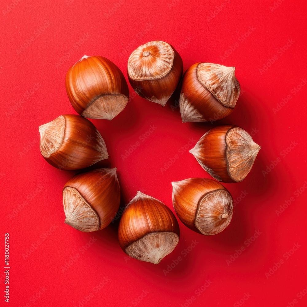 Circular arrangement of hazelnuts on a vibrant red background. Circular arrangement of hazelnuts on a vibrant red background.