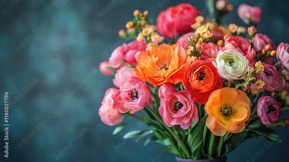 Fototapeta premium Bright and delicate gift bouquet with different flowers. Bouquet on the background with space for text.