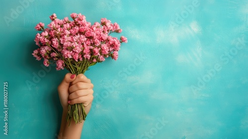 Female hand holding a bouquet of flowers on a light blue background. Raised hand with a bouquet of flowers. International Women's Day concept