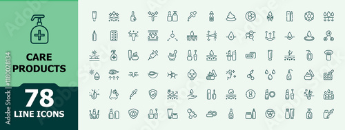 Care Products linear icon collection. Contains such icons as dermatology, moist, lip, cosmetic, product, facial, salon, clean. Minimalist web icons. Editable vector stroke.