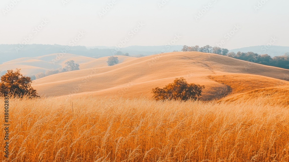 Fototapeta premium Golden hills landscape at dawn.