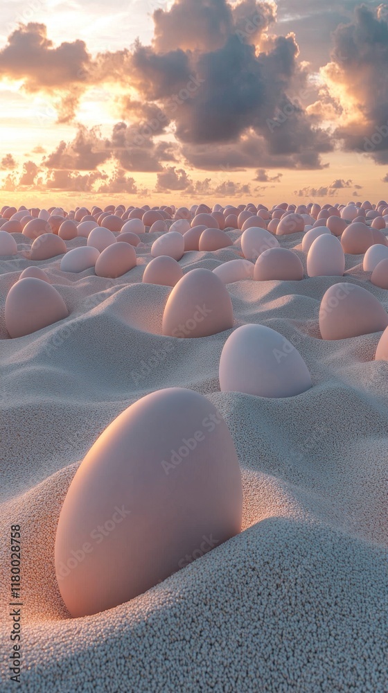 Fototapeta premium Dreamlike landscape featuring giant pastel eggs partially buried in sand under a serene golden sunset