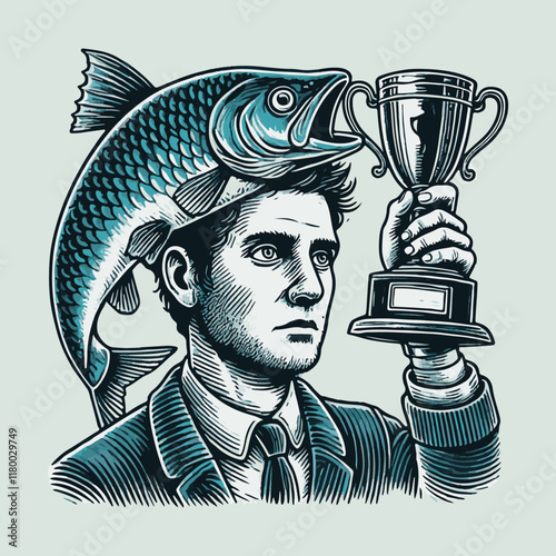 Man with fish head holding trophy 2