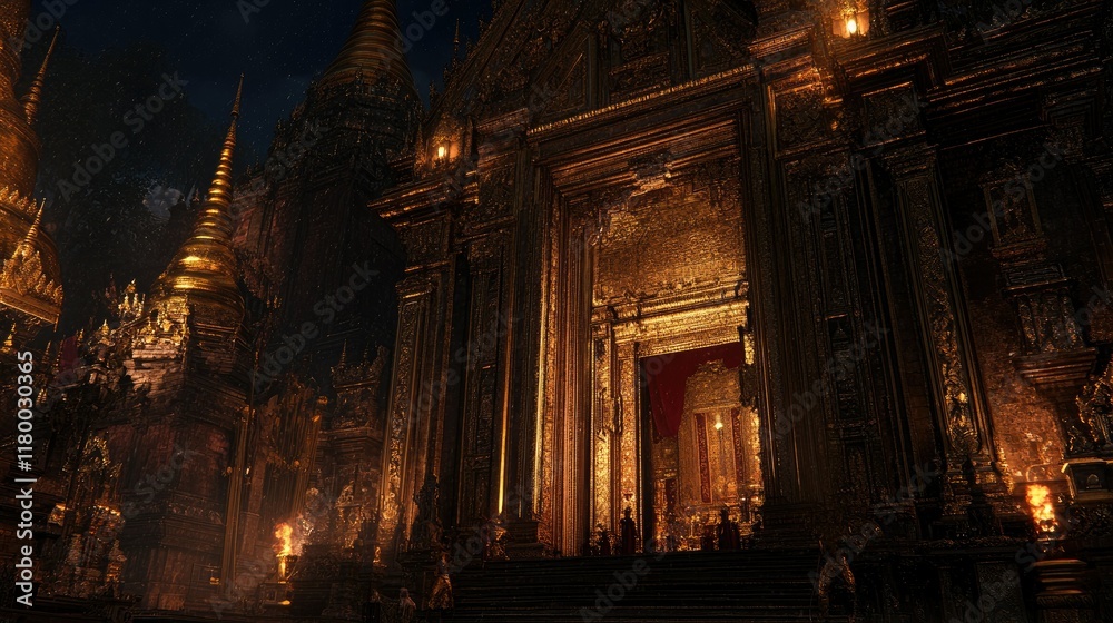 Obraz premium Golden temple at night, historical architecture, serene atmosphere, tourist attraction.